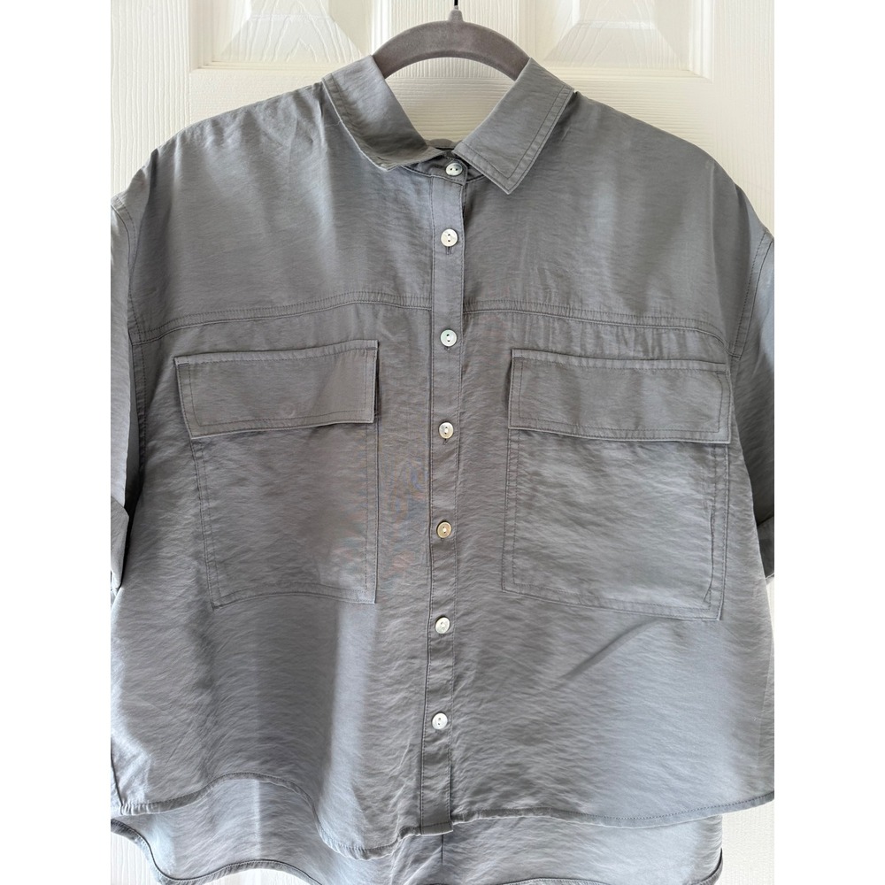 Madewell Central Drapey Shirt L Gray Short Sleeve Boxy Button Front Top - Picture 3 of 8